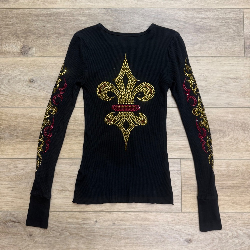 Bejeweled Susan Fixel Black Rhinestone Fleur De Lis Thermal Waffel Top Y2K Small